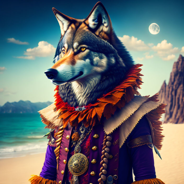 Stylized wolf-human hybrid in regal attire on beach with cliffs and moon