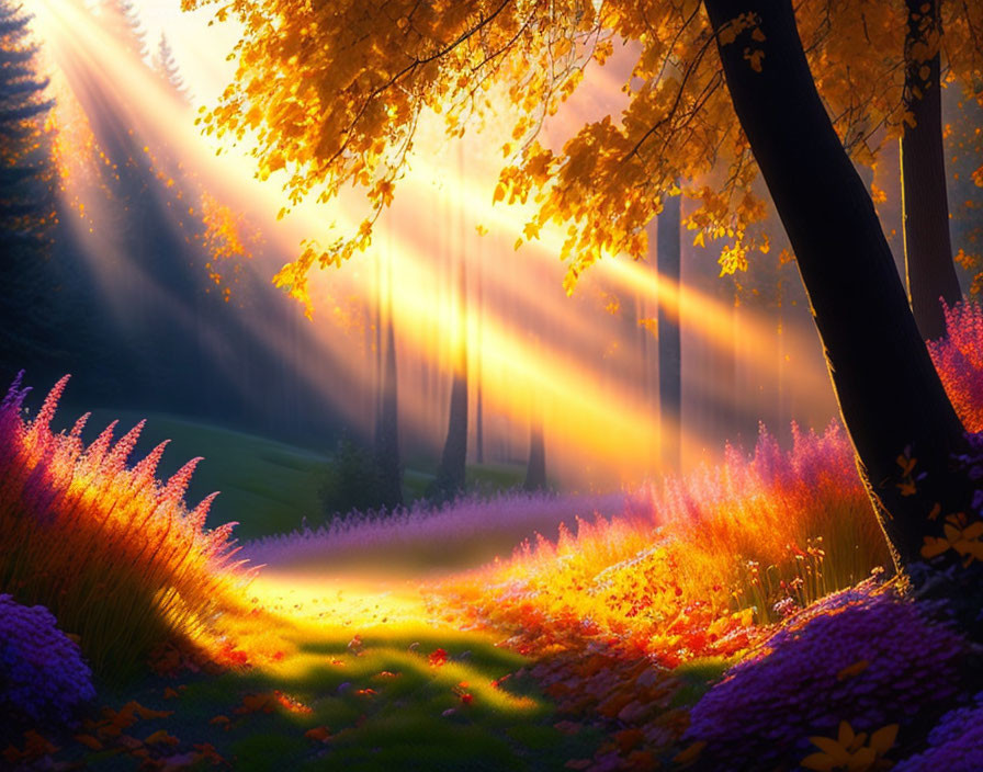 Vibrant autumn forest with sunbeams and colorful flora