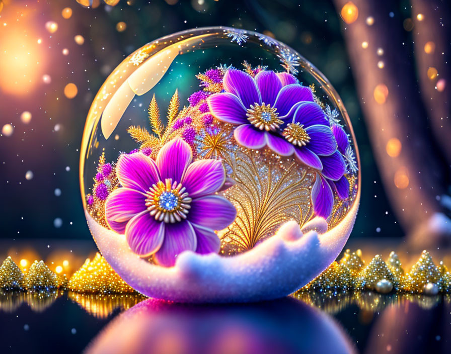 Translucent orb with vibrant purple flowers on starry backdrop