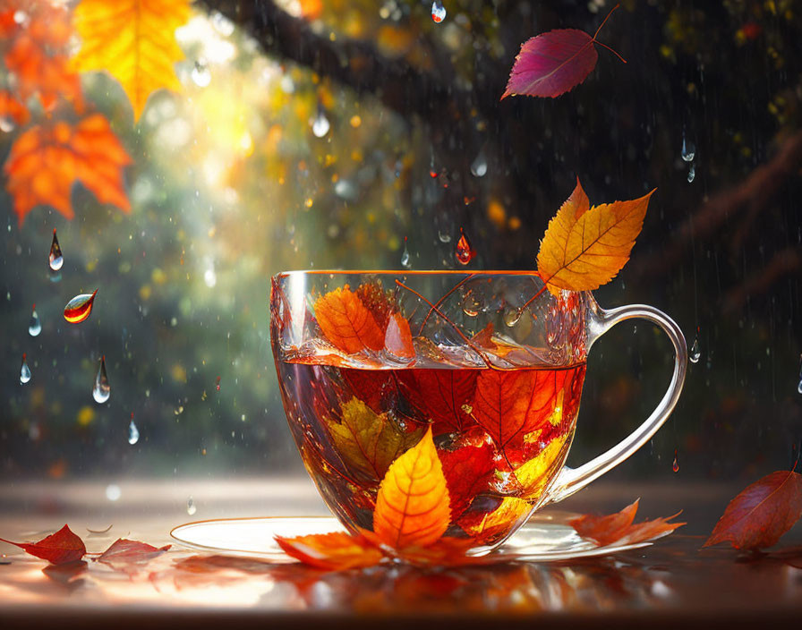 Transparent Cup of Tea with Autumn Leaves in Rain and Bokeh Background