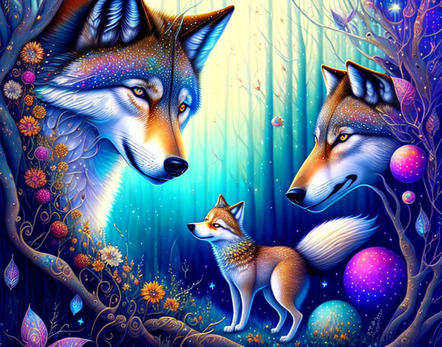 Illustration: Three wolves in enchanted forest with radiant trees and glowing orbs