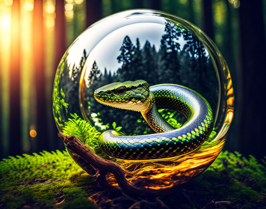 Snake coiled in transparent sphere on moss in surreal forest scene