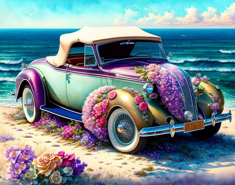 Vintage car with pink flowers at sunny beach shore.