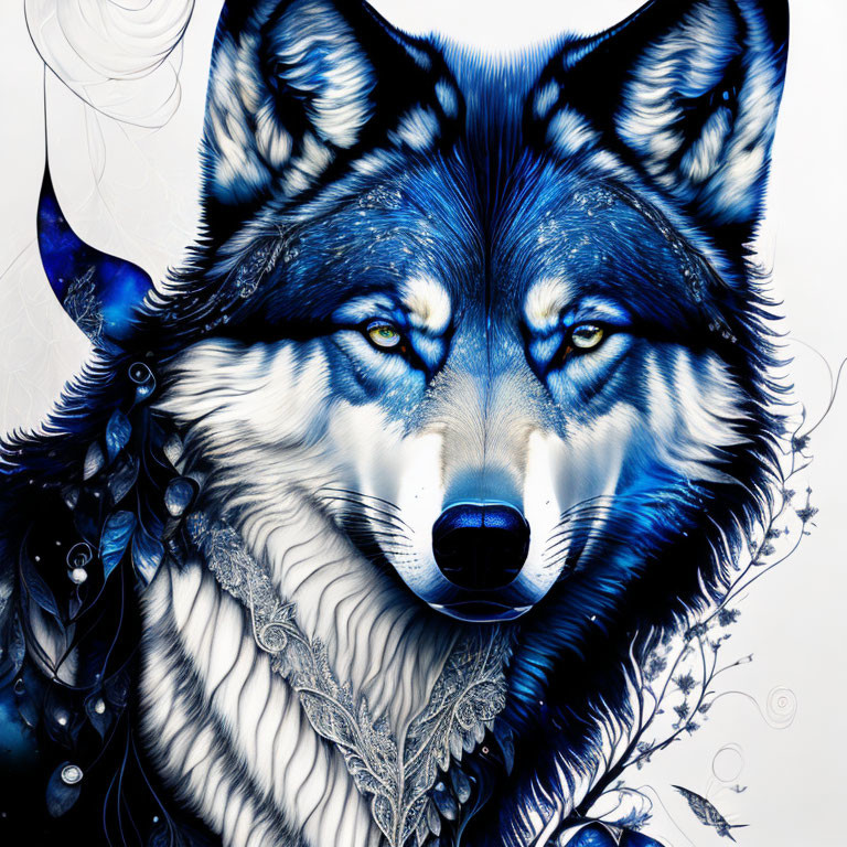 Blue and white wolf digital artwork with intricate patterns and abstract elements.