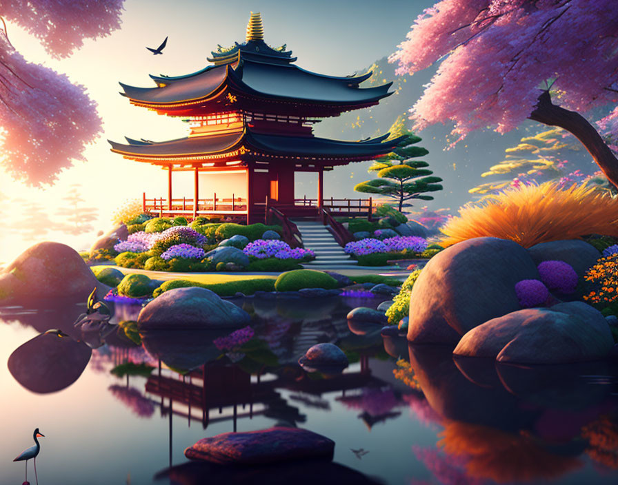 Traditional pagoda with cherry blossoms, vibrant flora, tranquil waters, and wildlife in colorful sky