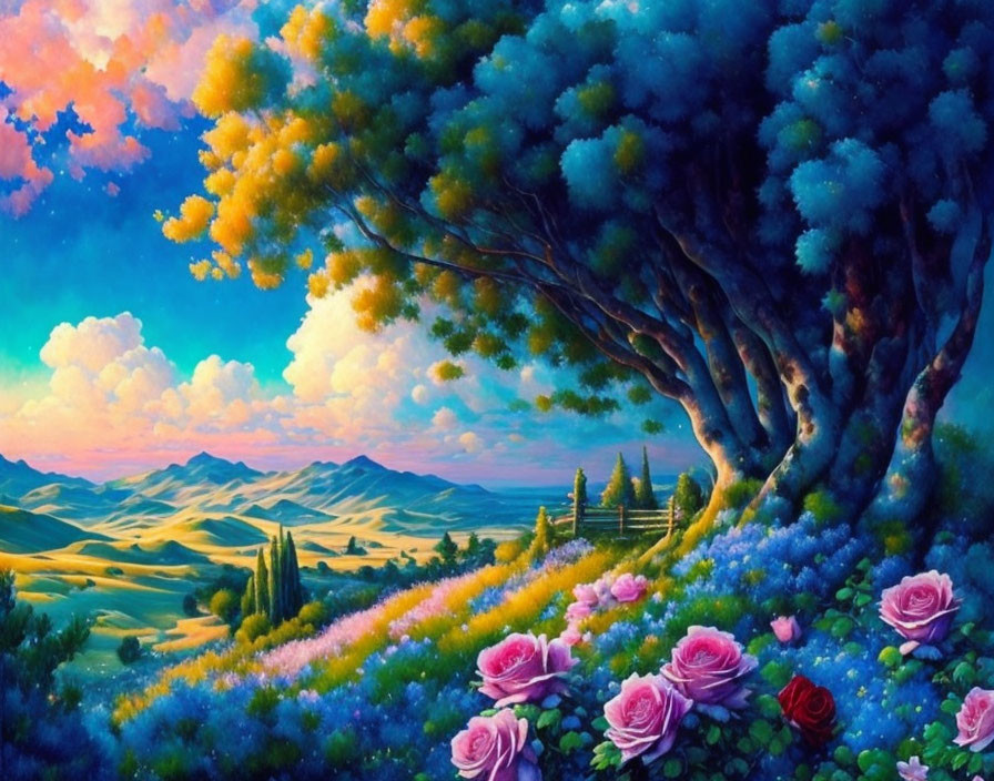 Colorful landscape painting with tree, flowers, hills, and sunset sky.