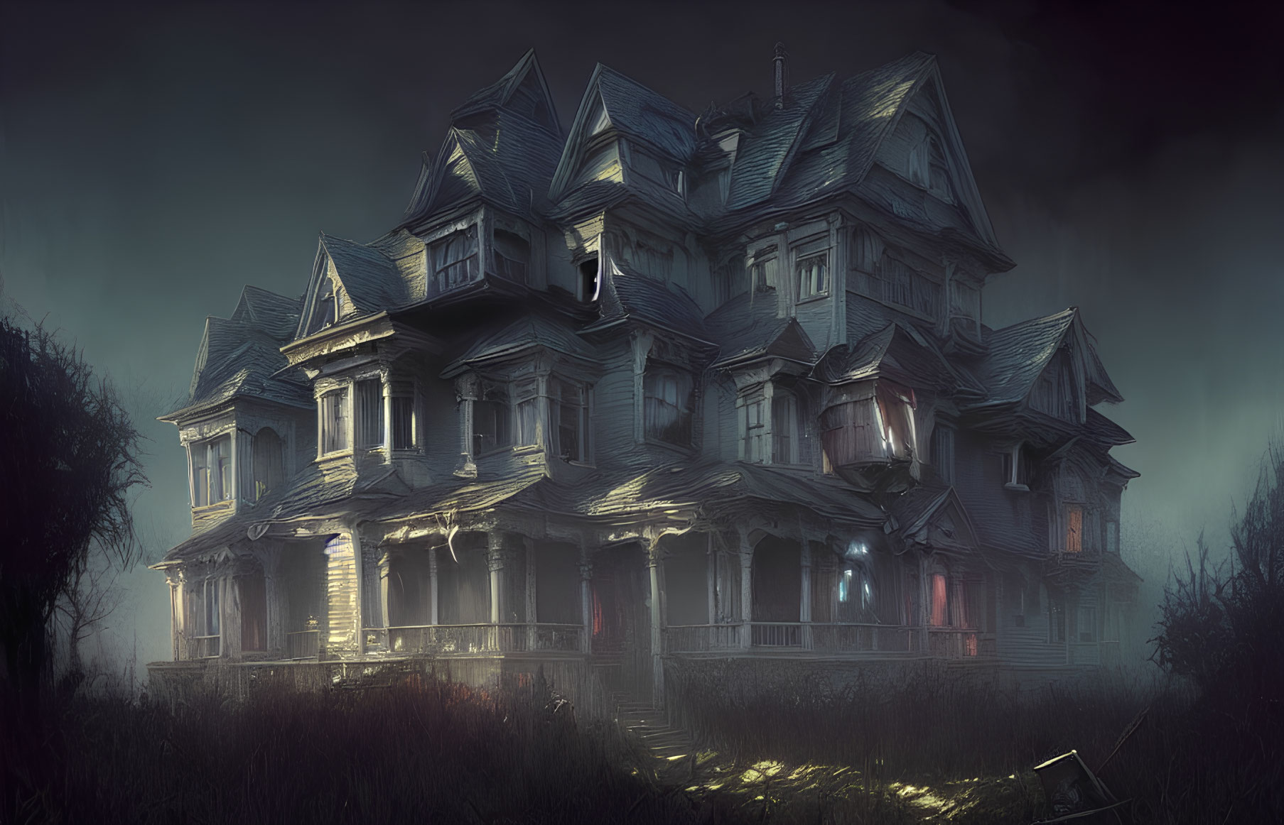 Dilapidated Victorian mansion in mist with eerie lights