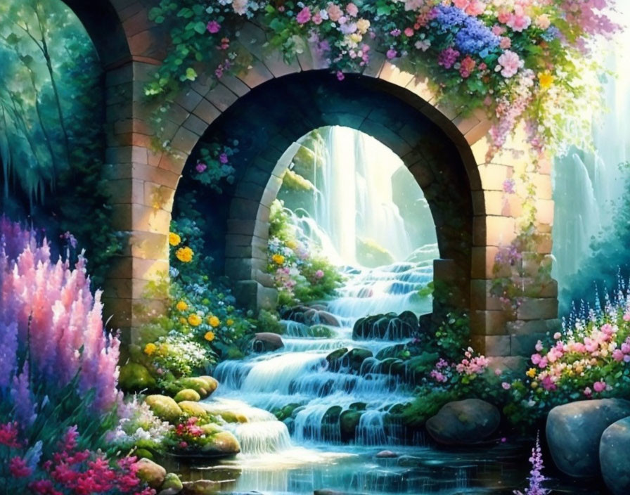 Illustration: Vibrant garden with waterfalls and stone bridge