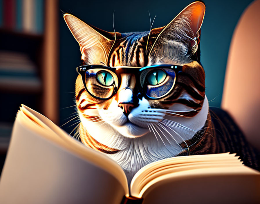 Tabby cat in glasses reading book in dimly lit room