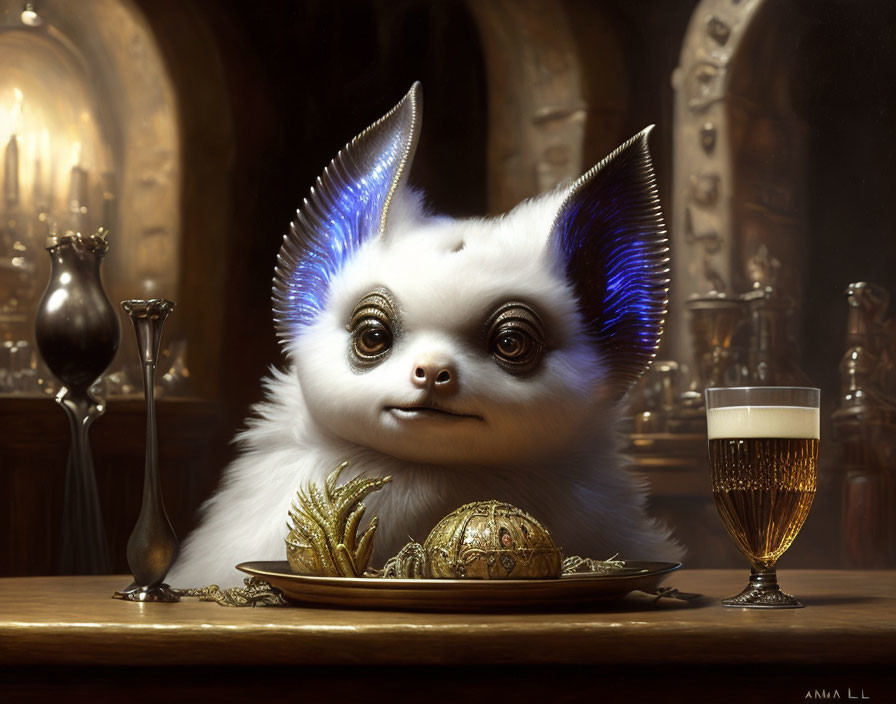 Whimsical creature with white fur and blue-tipped ears at table with beer