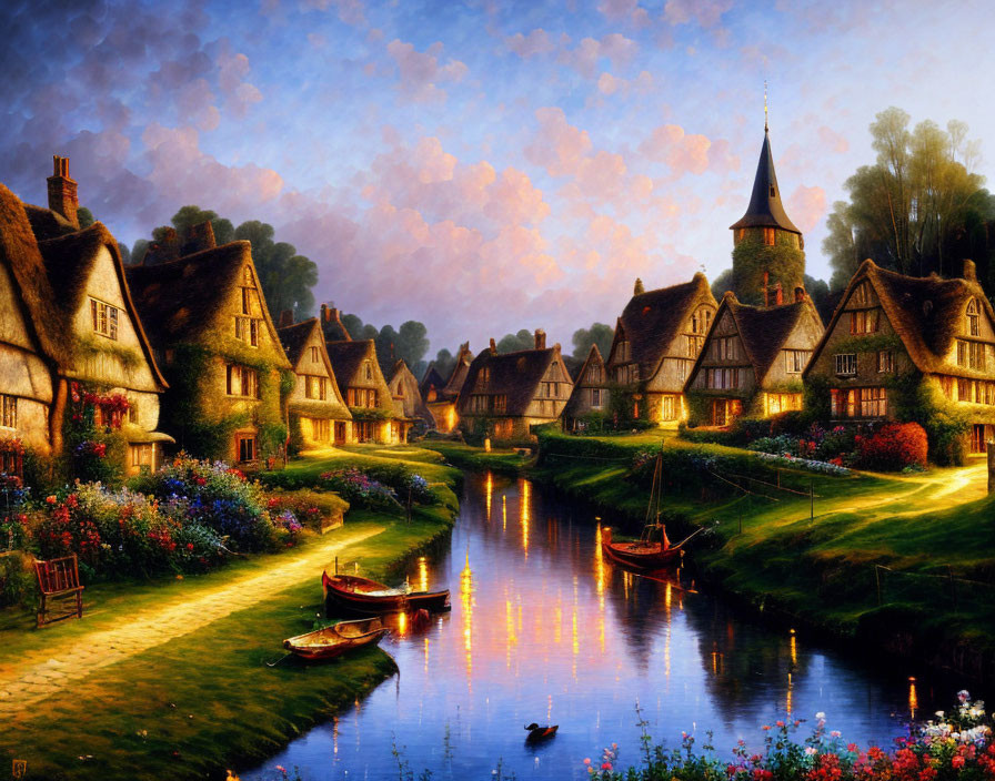 Tranquil village scene: thatched cottages, river, rowboats, gardens, duck,