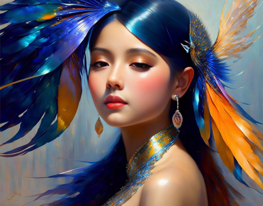 Surreal portrait of woman with vibrant peacock feather hair & accessories