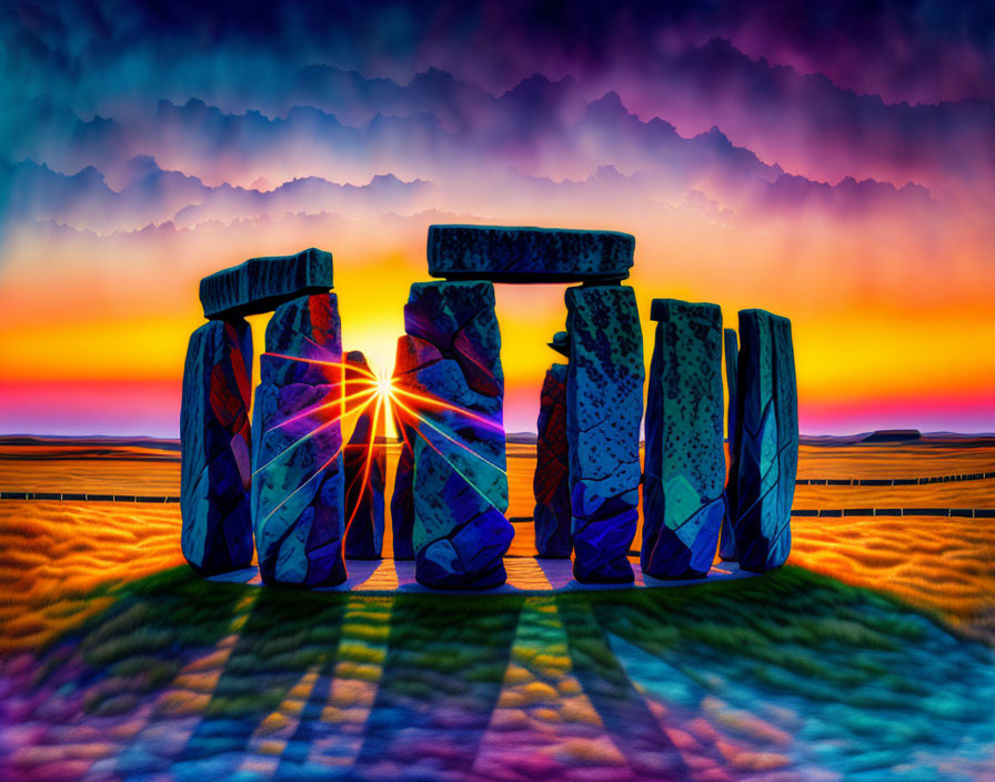 Digital Art: Colorful Stonehenge at Sunset