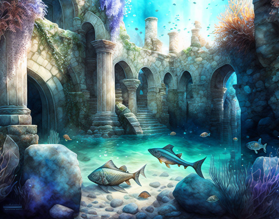 Underwater scene with ruins, fish, stone pillars, arches, and marine flora