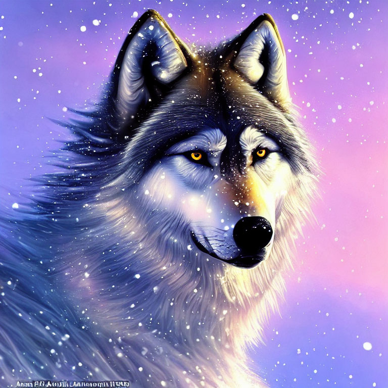 Detailed Wolf Illustration on Starry Snowflake Background