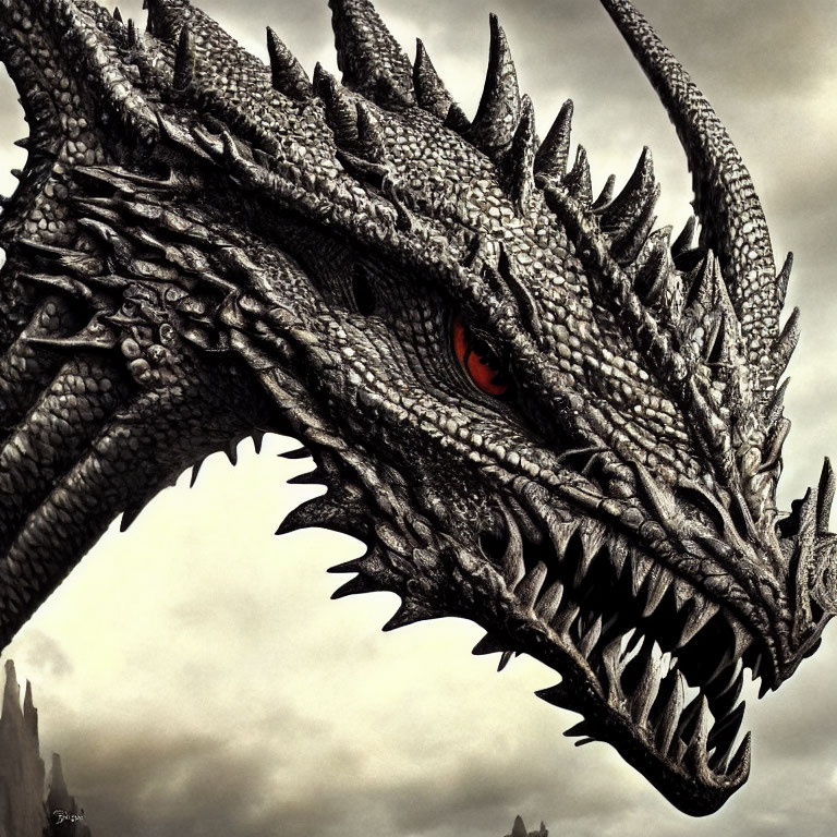 Detailed menacing dragon with red eye in cloudy sky