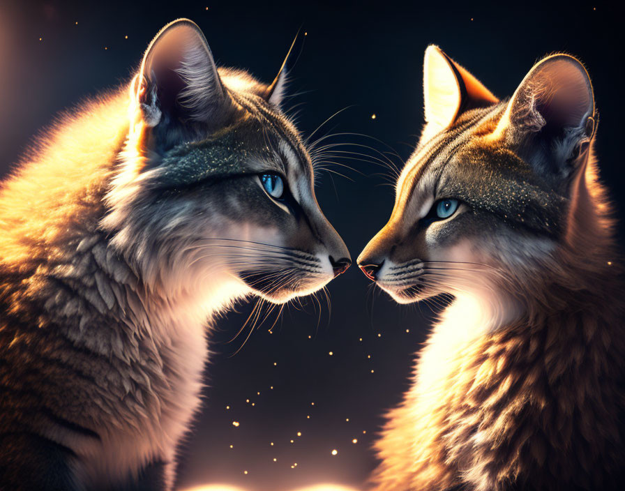 Majestic cats in starry night with glowing eyes and illuminated fur