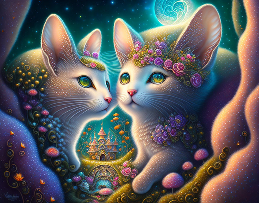 Whimsical cats with floral crowns in fantasy landscape with castle