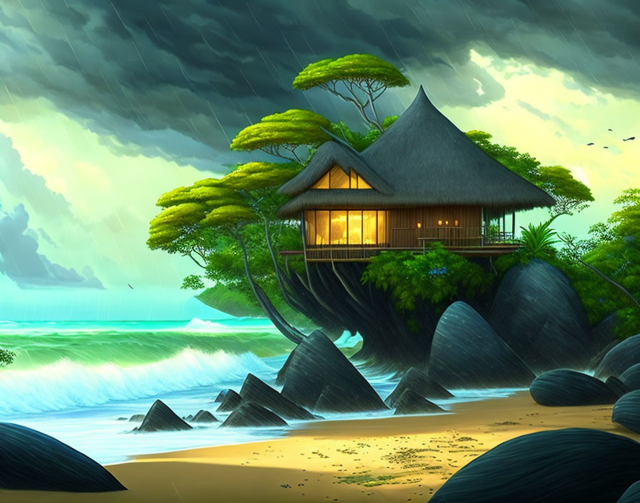 Traditional house on boulders in lush beach setting under stormy sky