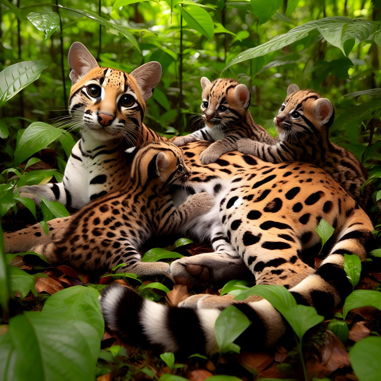 Ozelot Mother with Cubs