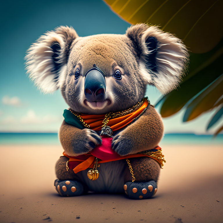 Koala with large eyes in orange scarf on beach