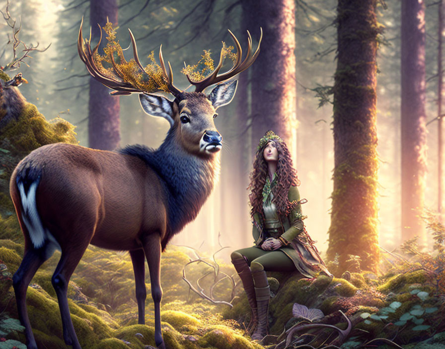 Enchanting forest with woman in green medieval attire and elk with glowing antlers