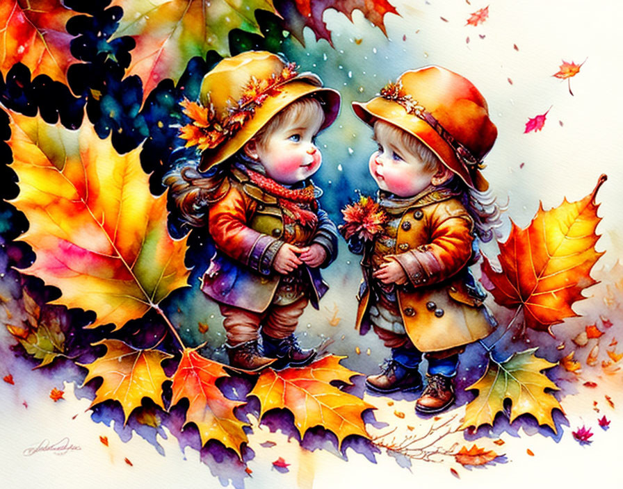 Vibrant Fall Leaves Surrounding Two Children in Autumn Attire