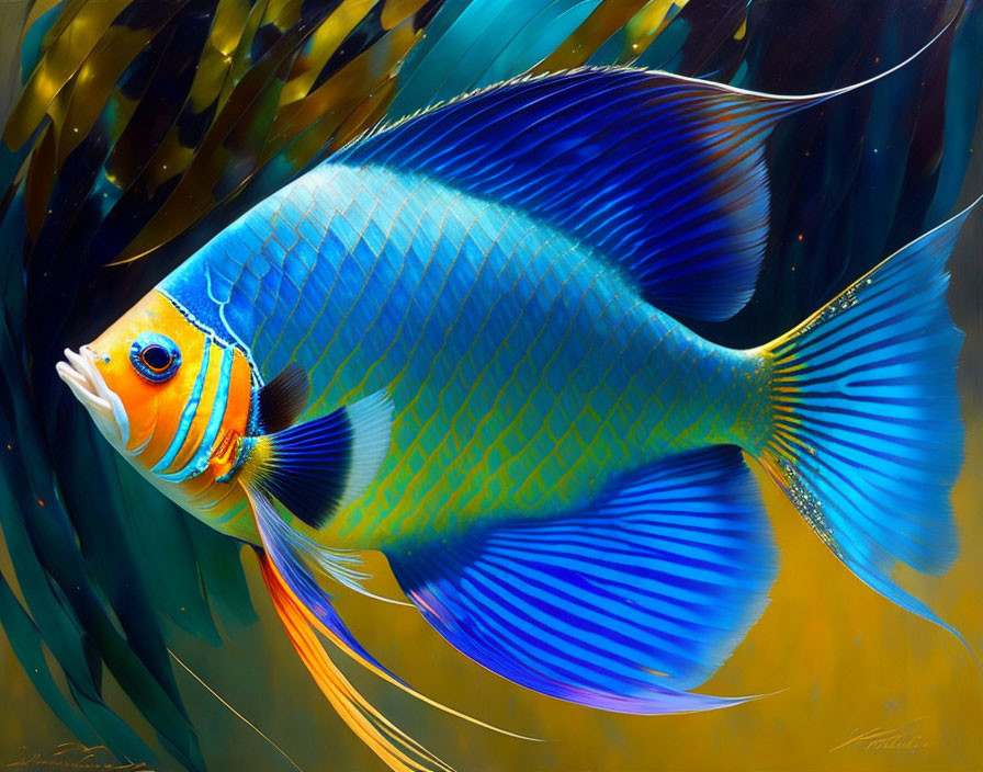 Colorful digital art: Blue and orange fish with intricate fins in abstract aquatic scene