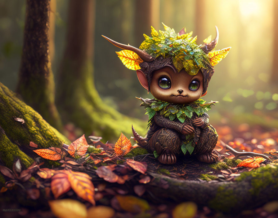 Cute fantasy creature with big eyes in enchanted forest