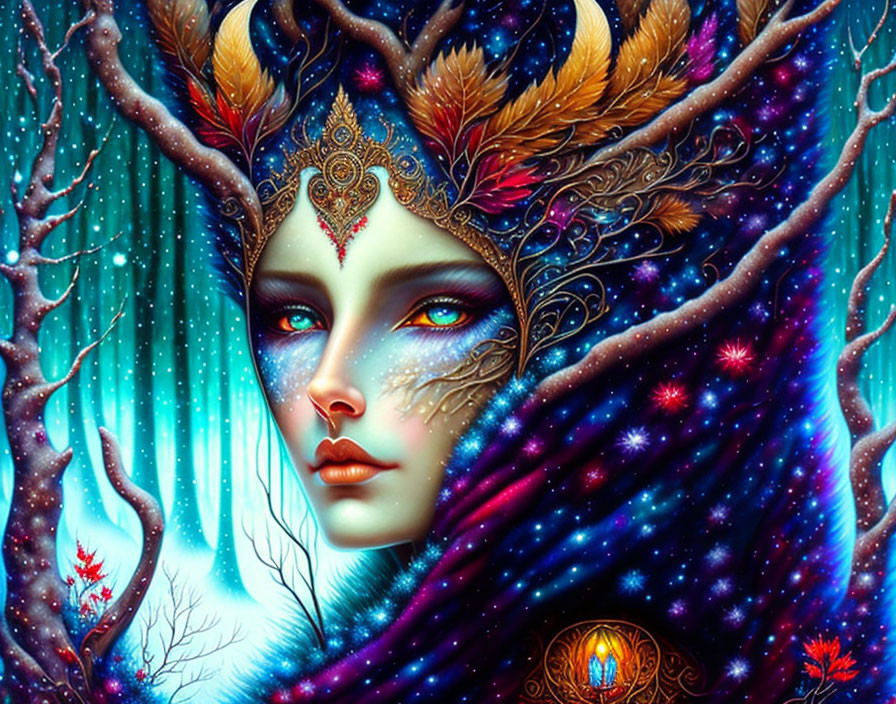 Vibrant fantasy artwork: woman with cosmic, nature elements