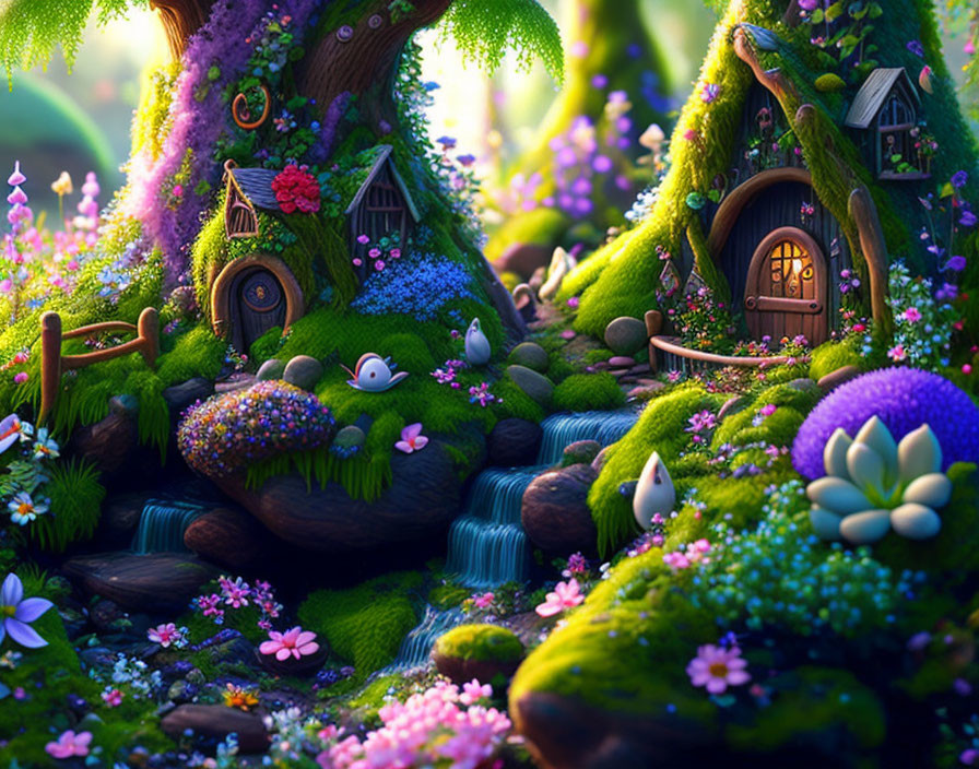 Lush enchanted forest with vibrant flowers, mossy trees, whimsical houses, and a meandering