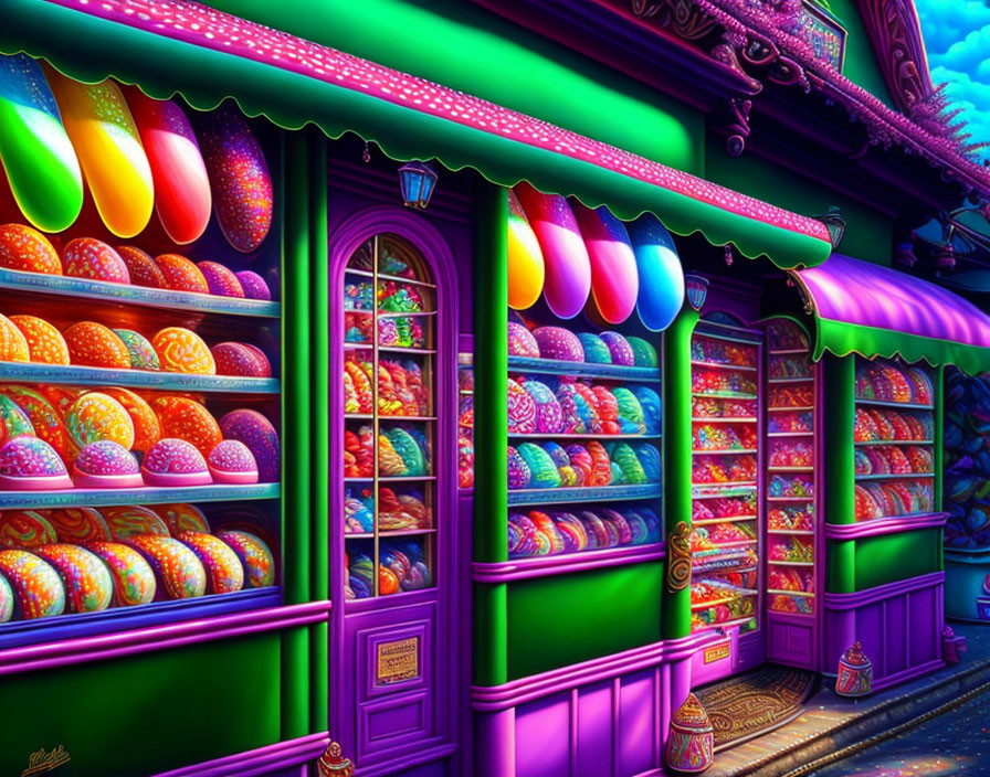 Colorful candy shop display under neon lights