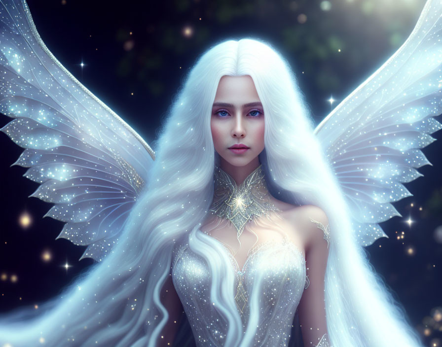 Luminescent figure with white hair and wings in mystical setting