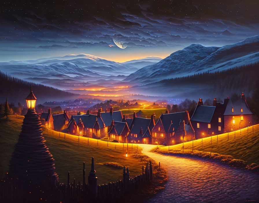 Night scene: illuminated village in rolling hills under starry sky