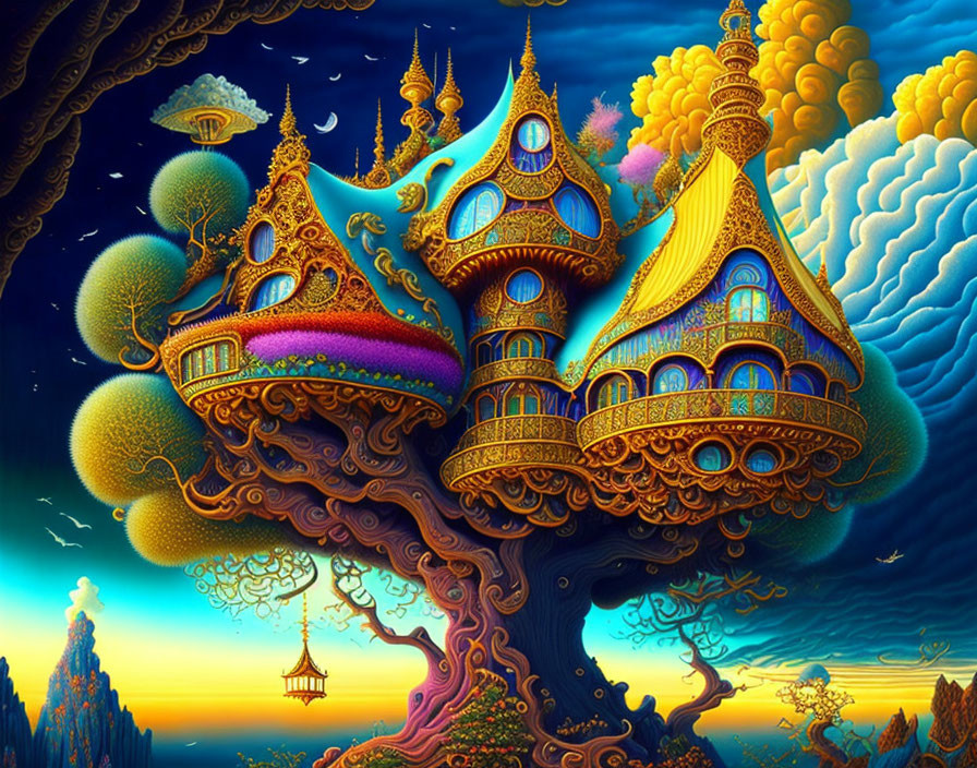 Colorful whimsical treehouses in celestial fantasy landscape