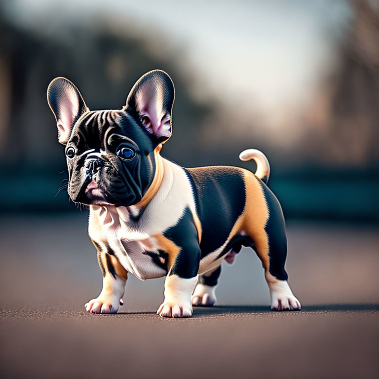 Brindle coat French Bulldog puppy on paved surface