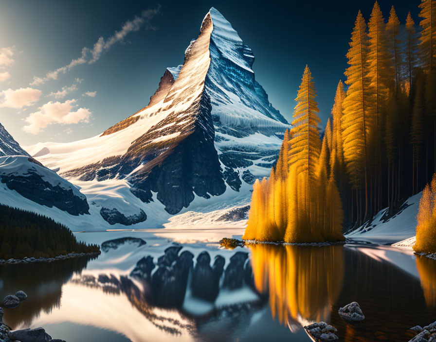 Snow-capped mountain peak, golden trees, serene lake reflection