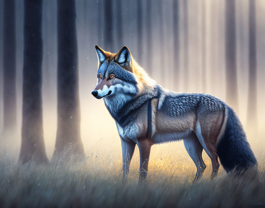 Misty forest scene with vigilant wolf under serene light