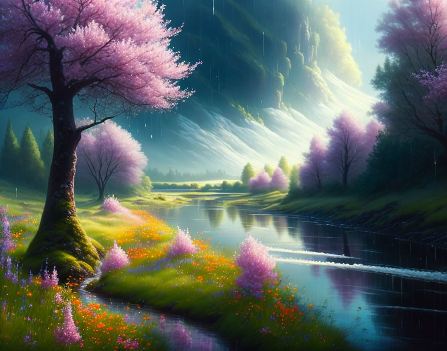 Tranquil Cherry Blossom Landscape with River and Sunbeams