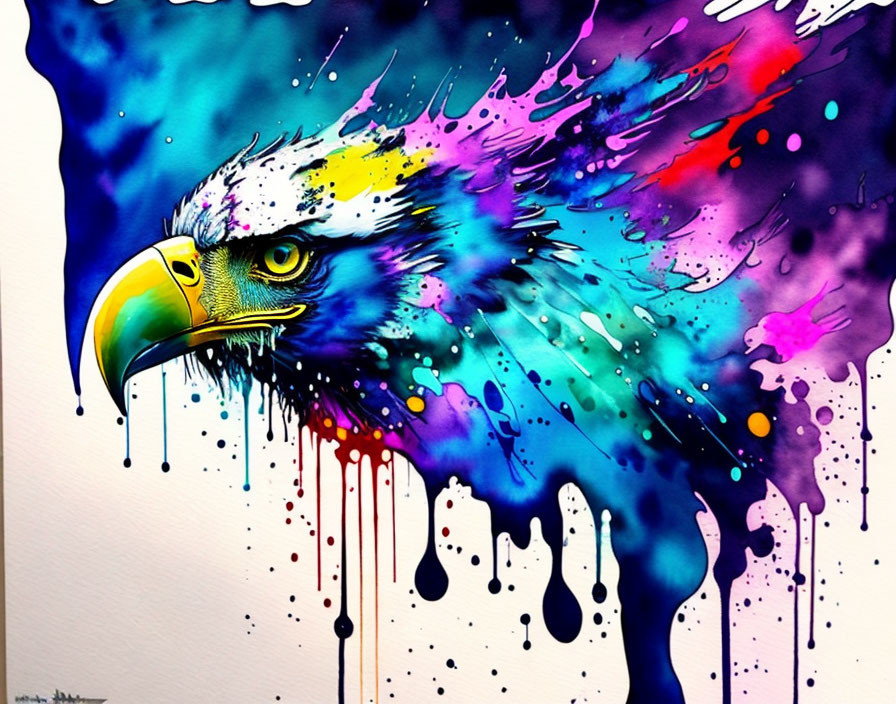 Colorful Watercolor Painting of Eagle in Blues, Purples, and Yellows