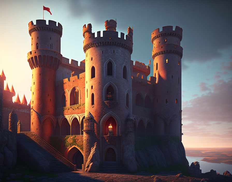 Medieval castle with towers and arched entrance at dusk on rocky cliff