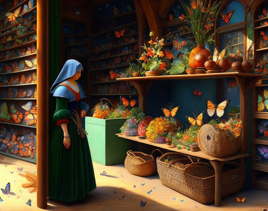 Medieval woman in colorful room with books, pumpkins, and butterflies