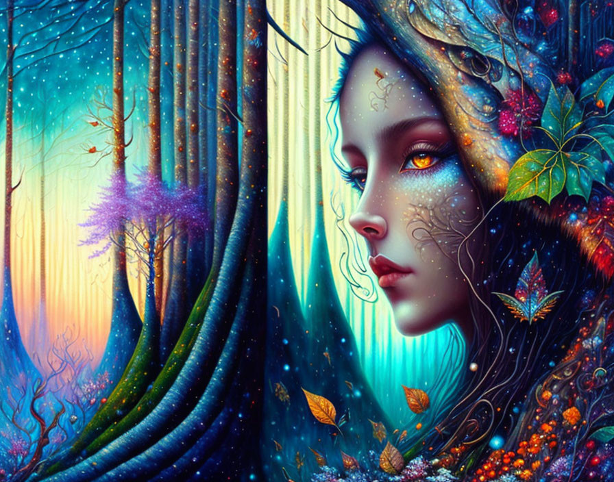 Detailed artwork: Woman's face merges with magical forest, vibrant flora, mystical ambiance