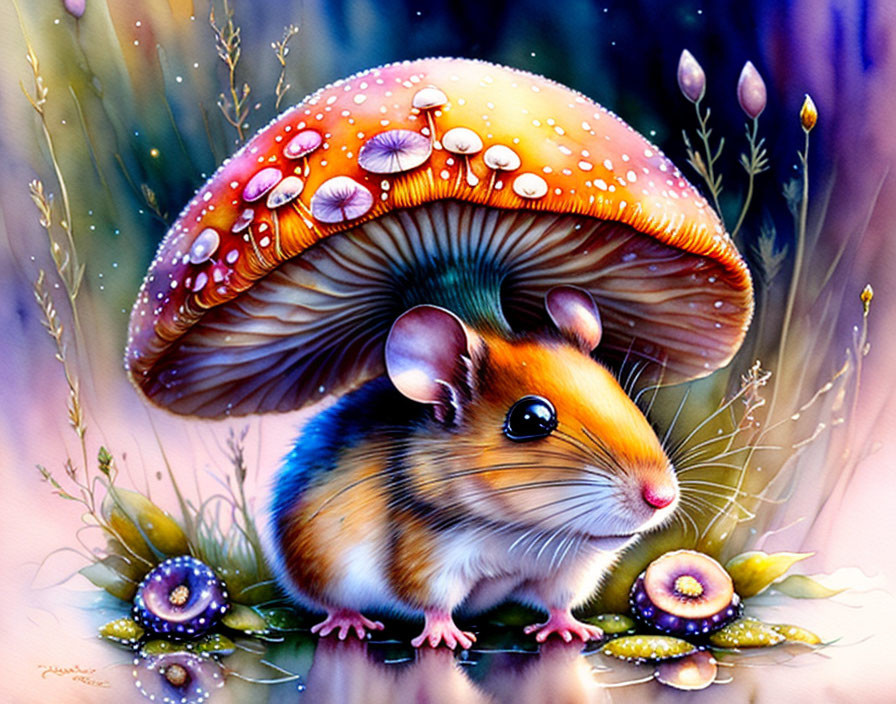 Colorful Illustration: Cute Mouse under Vibrant Mushroom in Fantasy Setting