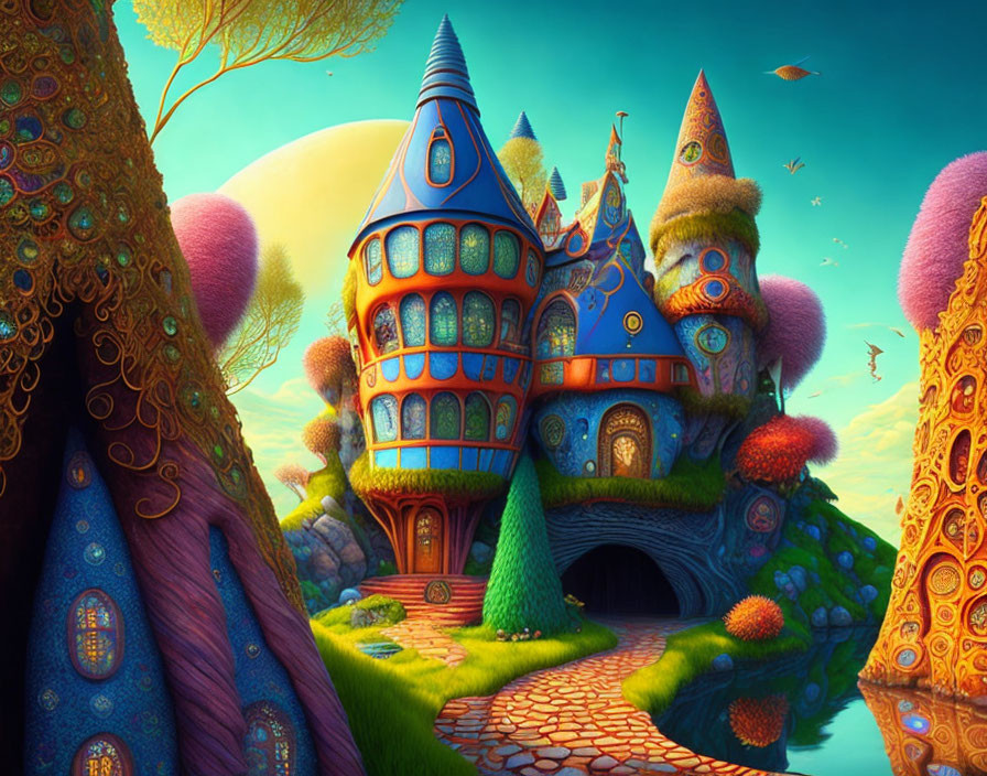 Vibrant fantasy landscape with whimsical houses and floating islands