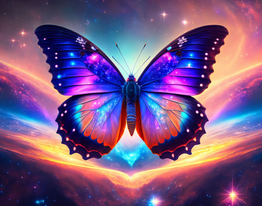 Colorful Butterfly Artwork with Cosmic Wings on Nebula Background