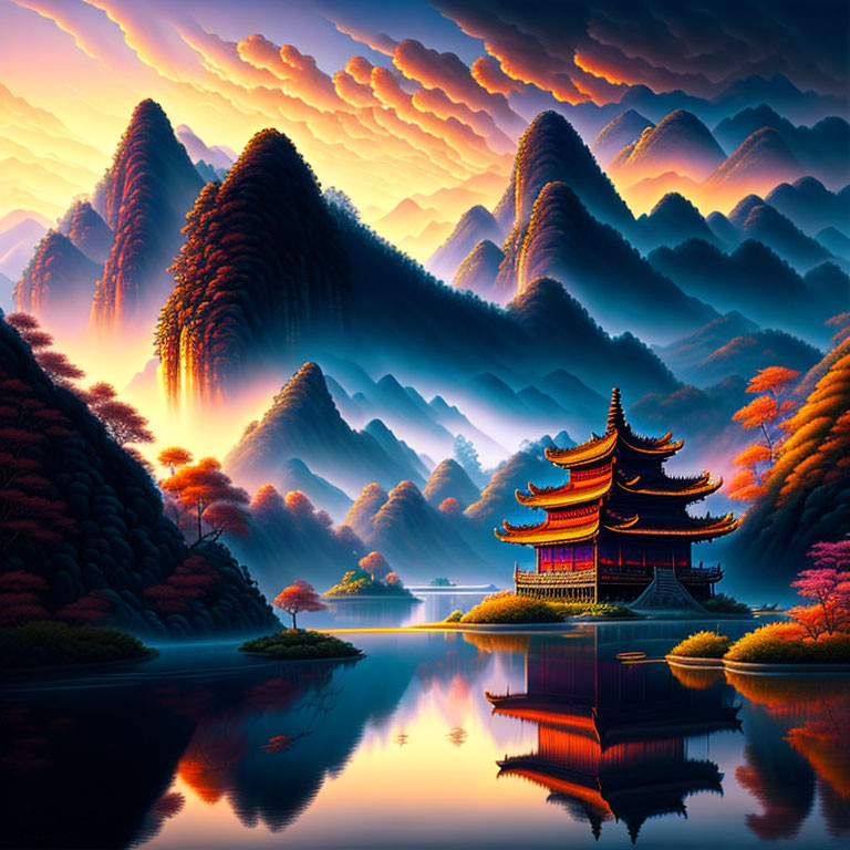 Digital artwork: Tranquil pagoda in misty, colorful mountains by calm waters at sunrise/sunset