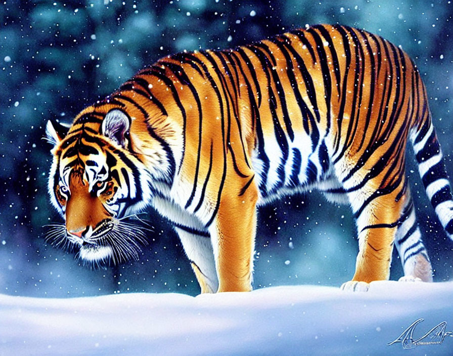 Majestic tiger in snowy landscape with orange and black stripes