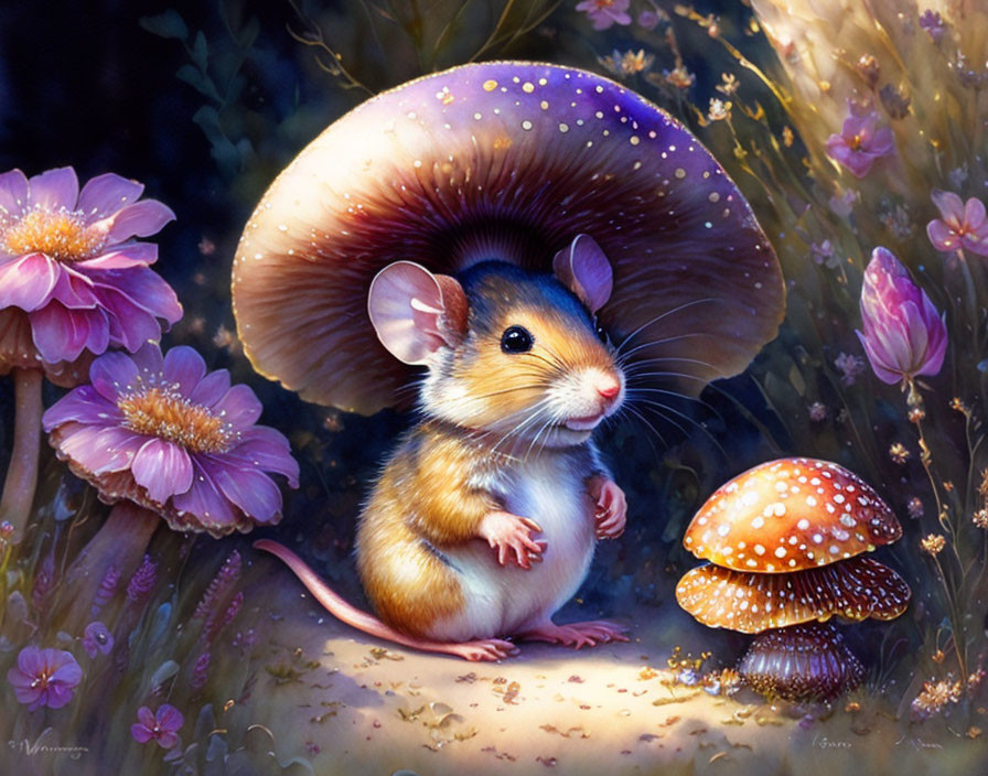 Whimsical mouse under large mushroom in glowing nighttime scene