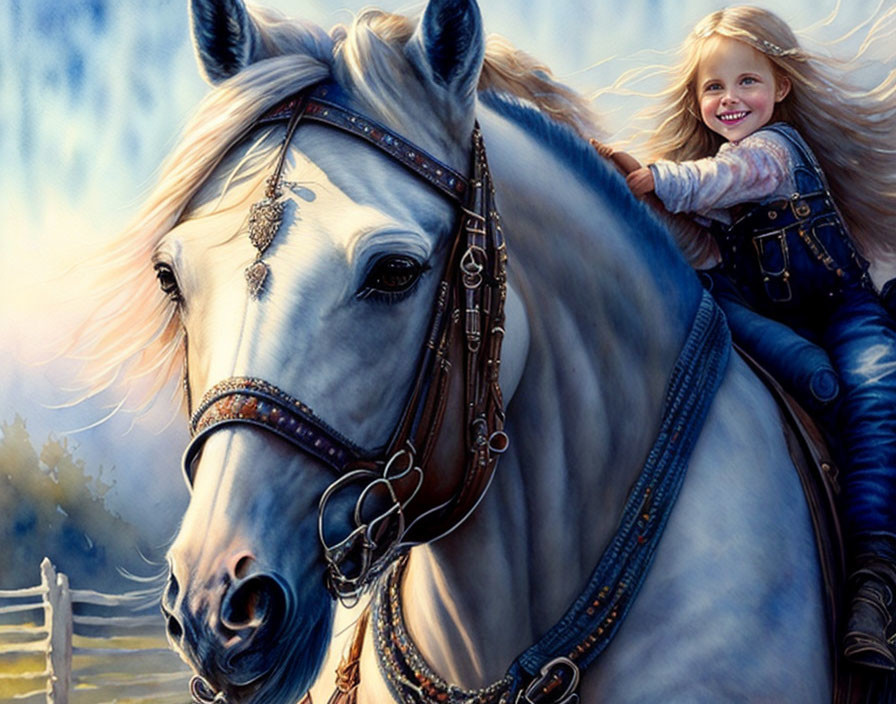 Blonde girl on white horse with ornate bridle